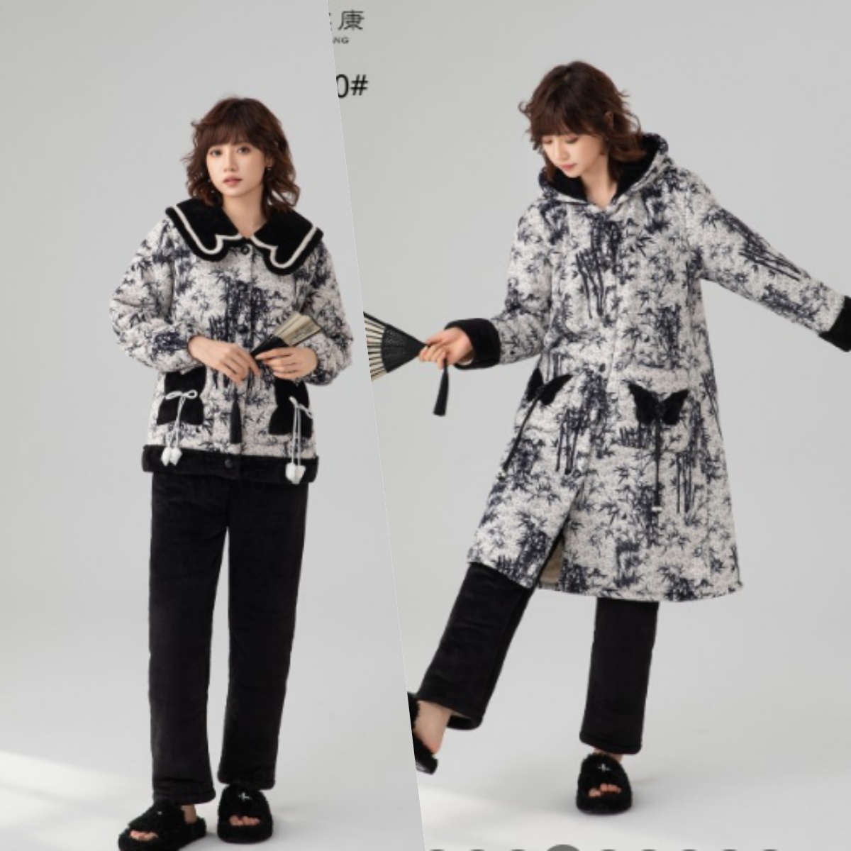 【节节高升】加绒加厚中长款睡衣三层夹棉长款家居服套装