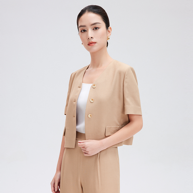 【晨粉专享价】赢智尚新款短款短袖外套卡其色气质显白通勤ZB00697