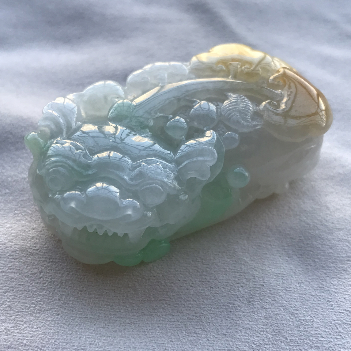纯天然缅甸a货翡翠黄绿色如意皮丘吊坠挂件貔貅翡翠