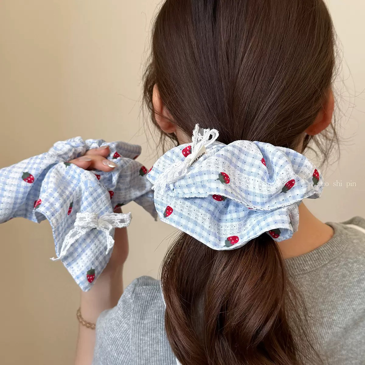 韩式草莓彩色格子蕾丝大肠发圈夏季甜美时尚质感头绳发饰百搭头绳