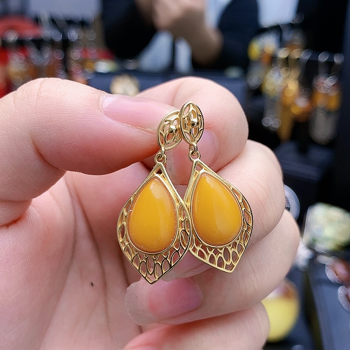 琥珀裸石银S925镶嵌耳坠