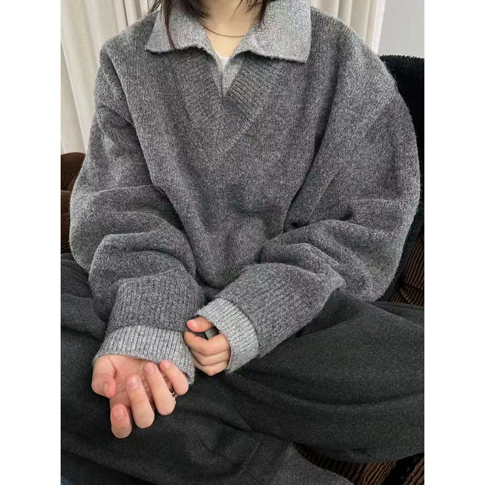  美式复古假两件v领毛衣男女秋冬翻领老钱风针织衫慵懒风外套