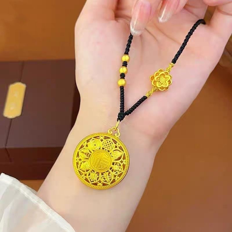铜合金项链 新中式八宝罗盘吊坠项链女莲花福字编织毛衣链