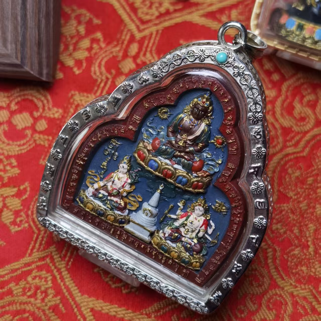 手工925银彩绘药泥擦擦吊坠  925银壳长寿三尊  6.2✘6✘1.3  