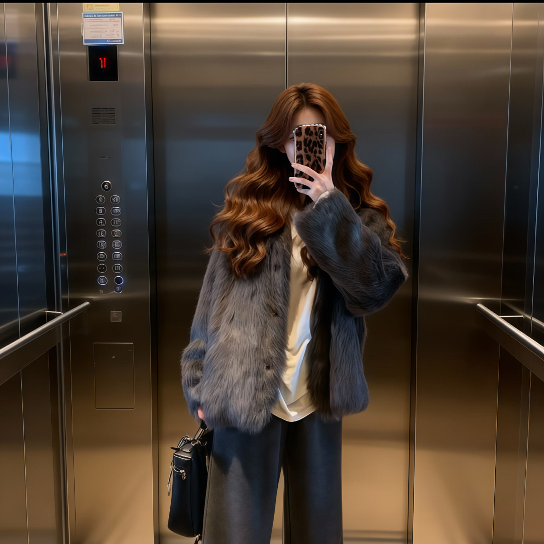 秋冬韩系小香风灰色毛绒外套搭配休闲裤保暖两件套装女