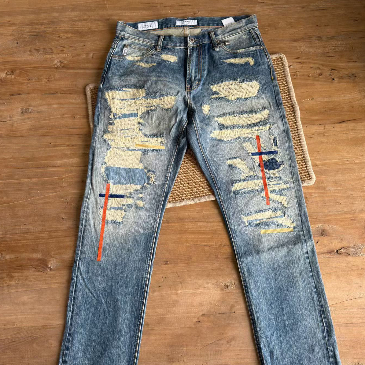 大魔王!FDMTD十字牛王！破坏刀割做旧水洗补丁BORO糜烂赤耳牛仔裤