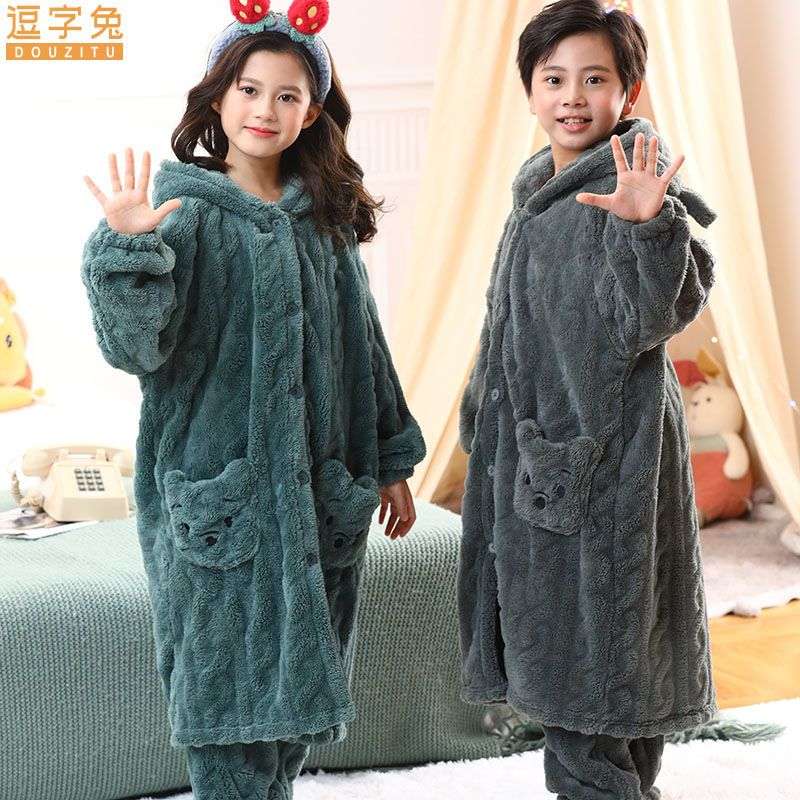 儿童加厚睡袍秋冬法兰绒睡衣套装中大童浴袍外穿保暖家居服亲子装