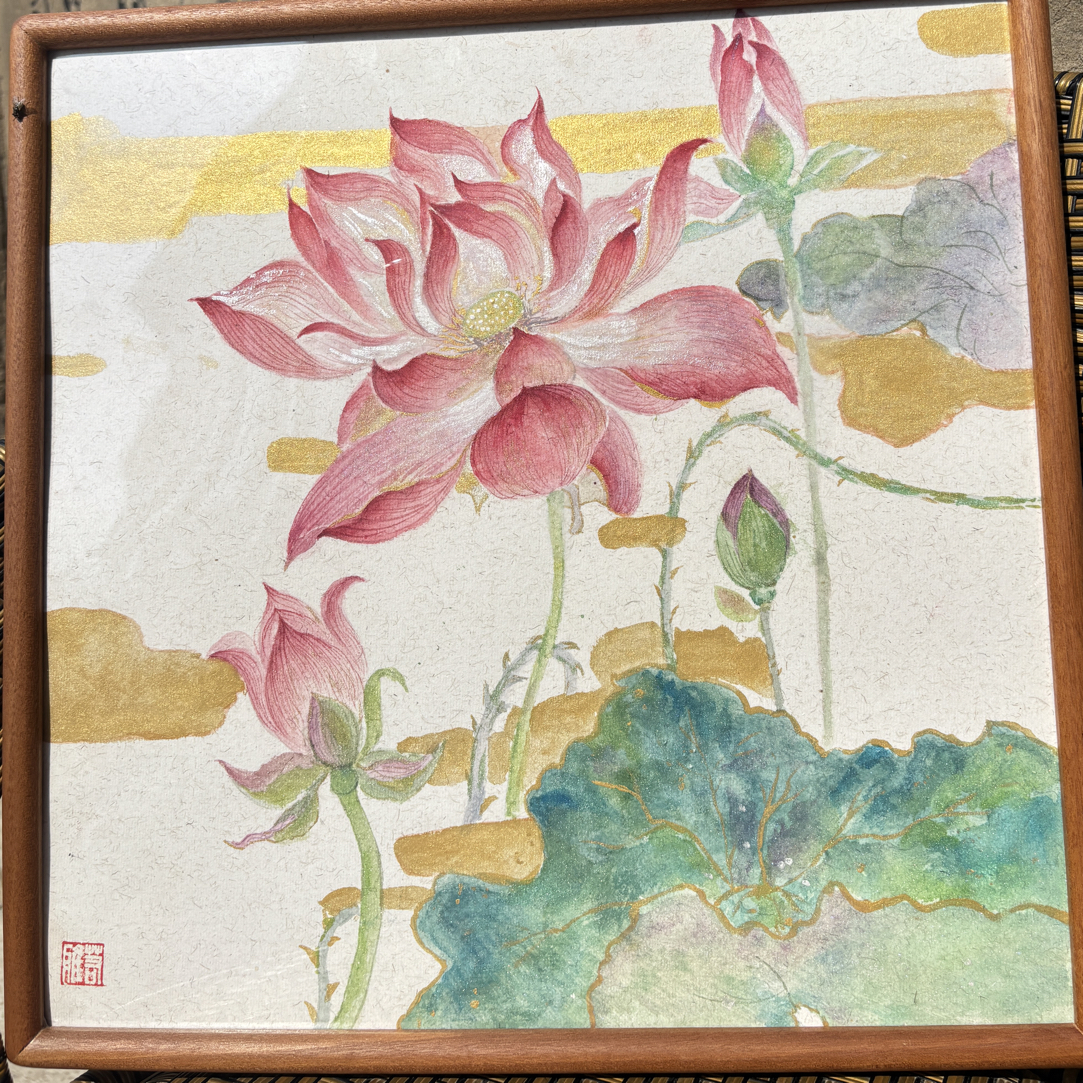 原创手绘国画中式荷花正方形已装裱现货可发