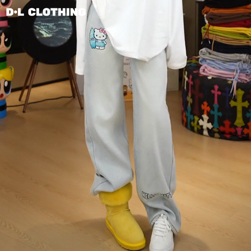 【劉發發】【简单小猫牛仔裤】K270-新款休闲百搭高级加厚卡通牛仔裤