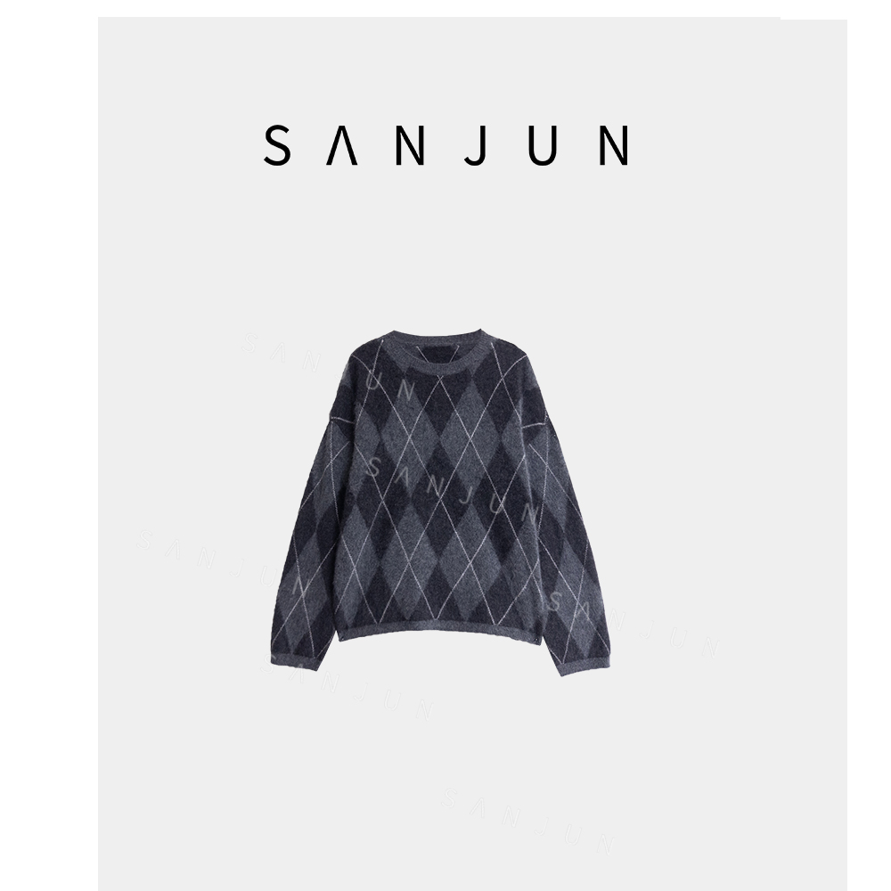 SANJUN 高端定制 经典百搭菱格提花撞色休闲宽松圆领毛衣  25059