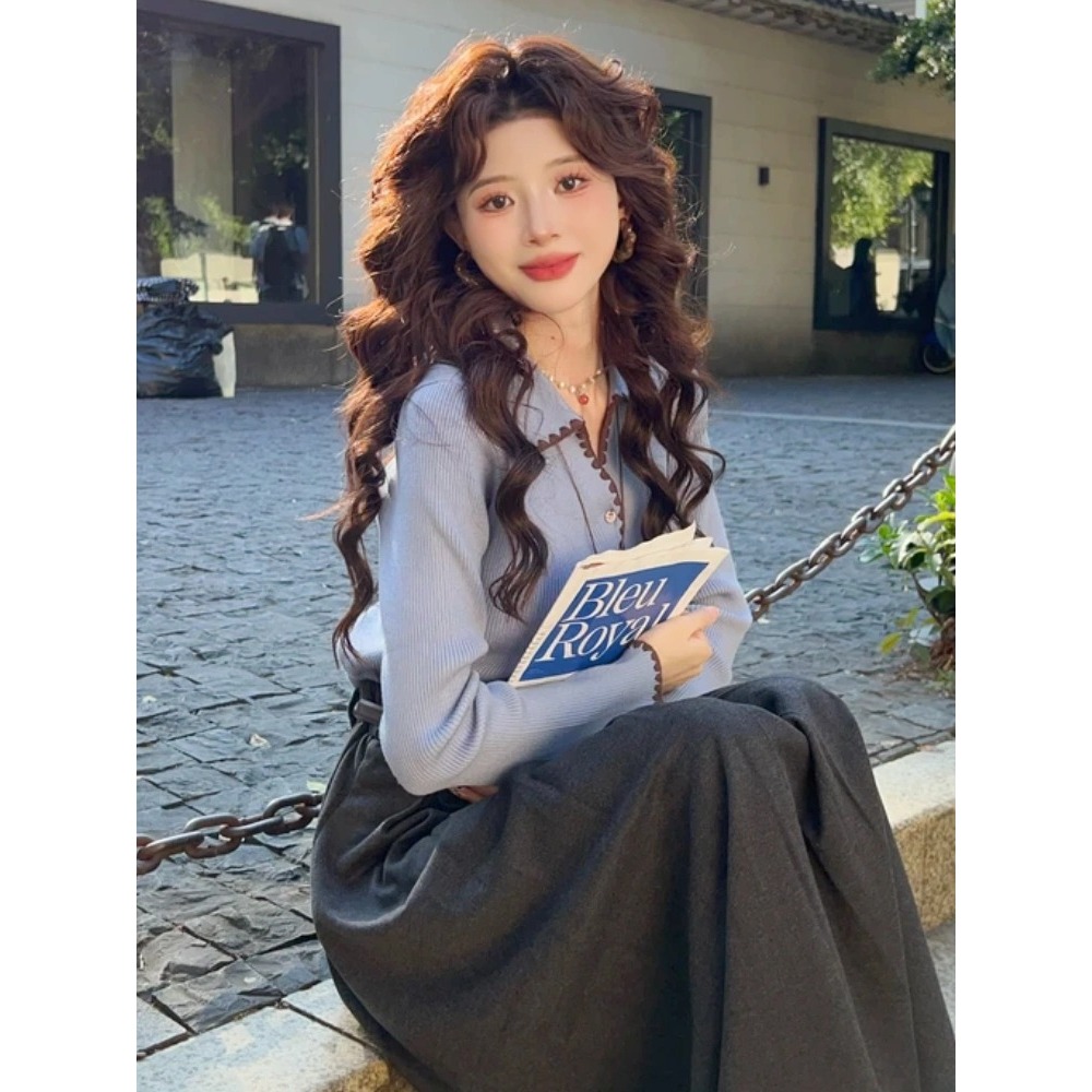 现货-漂亮超好看翻领蓝色毛衣秋冬2026新款宽松内搭打底针织W1-45