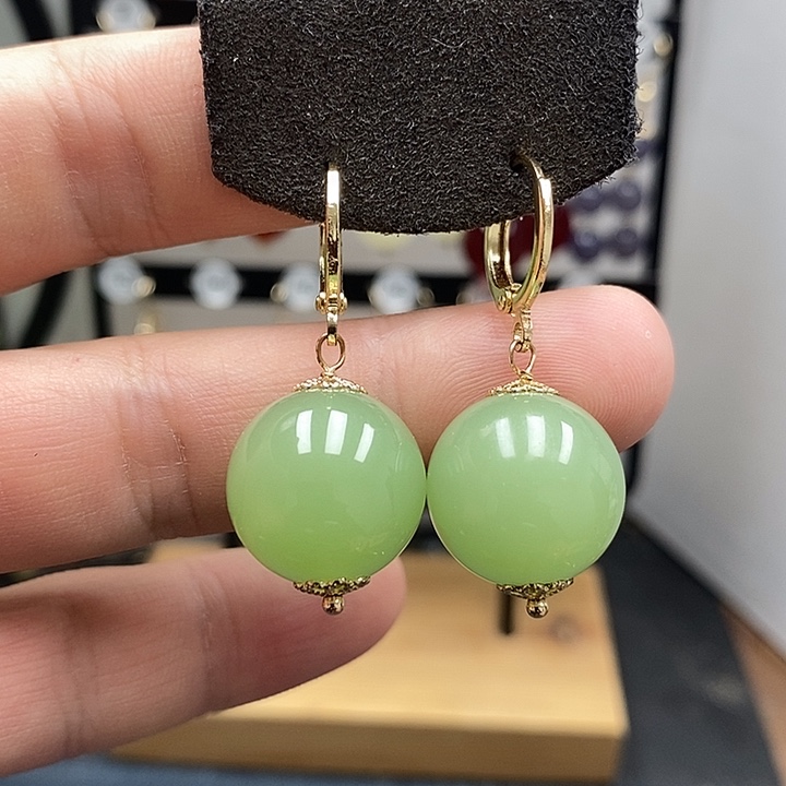 和田玉银S925镀金镶嵌耳饰尺寸16mm