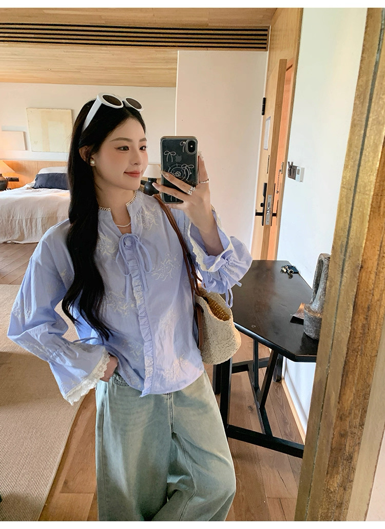 （看姐妹预约人数上新款式）立领蕾丝花边刺绣花系带喇叭袖衬衫