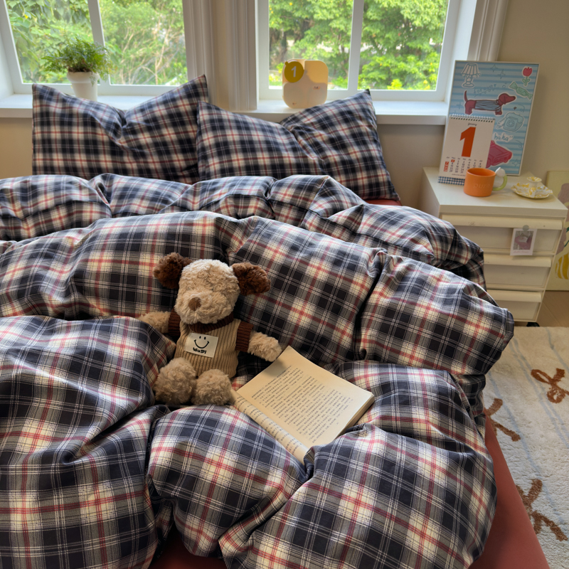 秋冬ins简约格子全棉加厚纯棉磨毛四件套100%棉小清新少女心床单