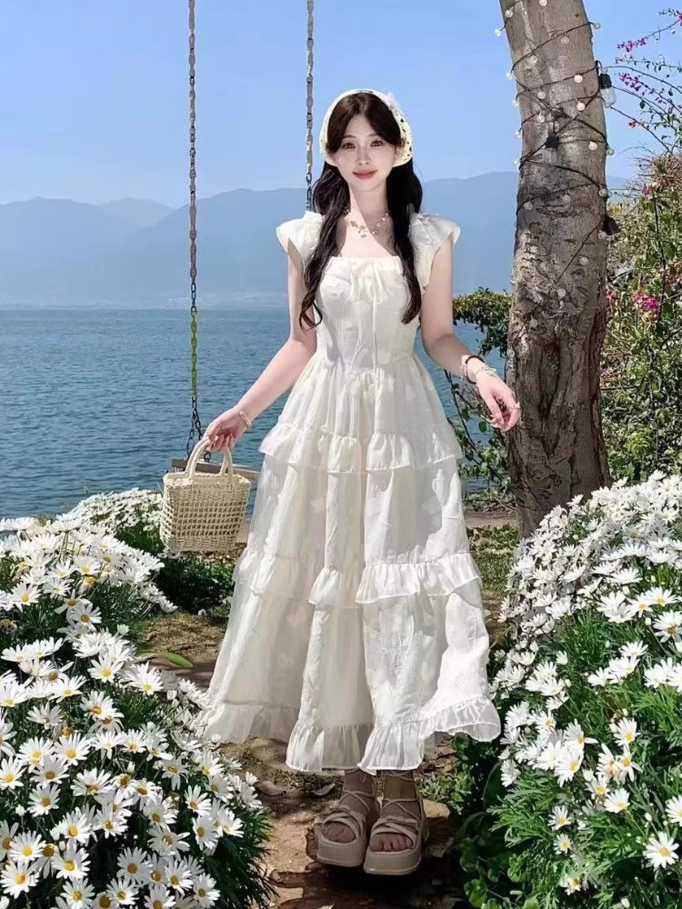 2025夏季新款甜美白月光法式温柔风印花蝴蝶连衣裙夏季超仙女长裙