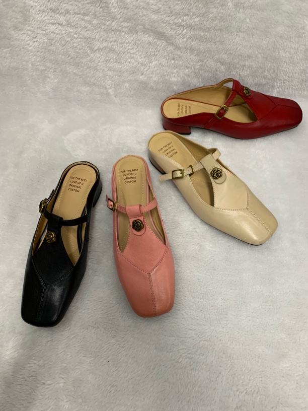 全真皮方头山茶花舒适包头拖半拖时尚罗马风春夏粗跟百搭凉鞋1023