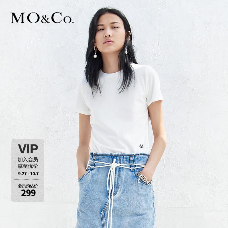 MOCO短袖圆领字母刺绣T恤设计感休闲牛仔百搭时尚女士MBB2TEET35