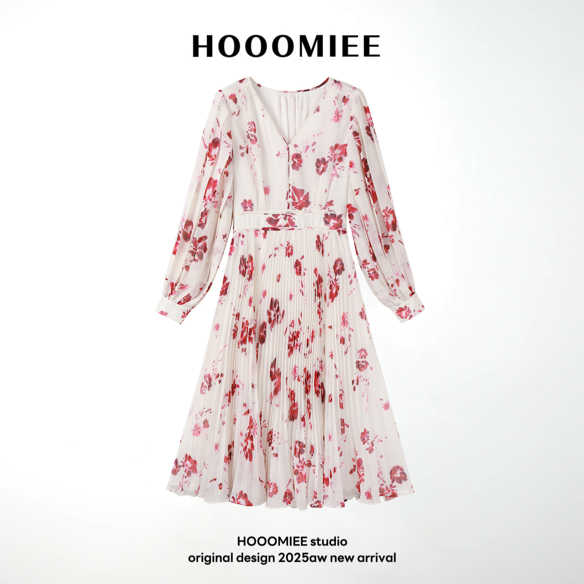 Hooomiee法式碎花连衣裙V领压褶夏季长裙243502