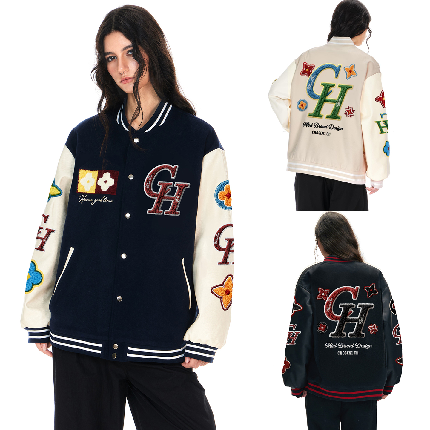 小恶魔联名CH美式碎花毛巾绣植绒夹克杏色单排扣棒球服男女潮