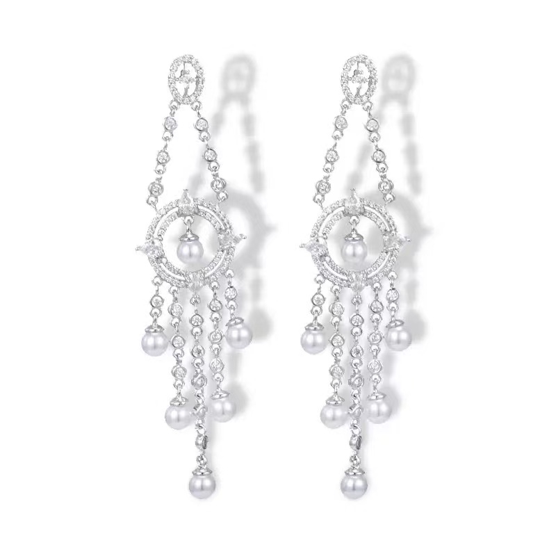 铜合金合成锆石耳饰 173高端大气显瘦流苏耳环