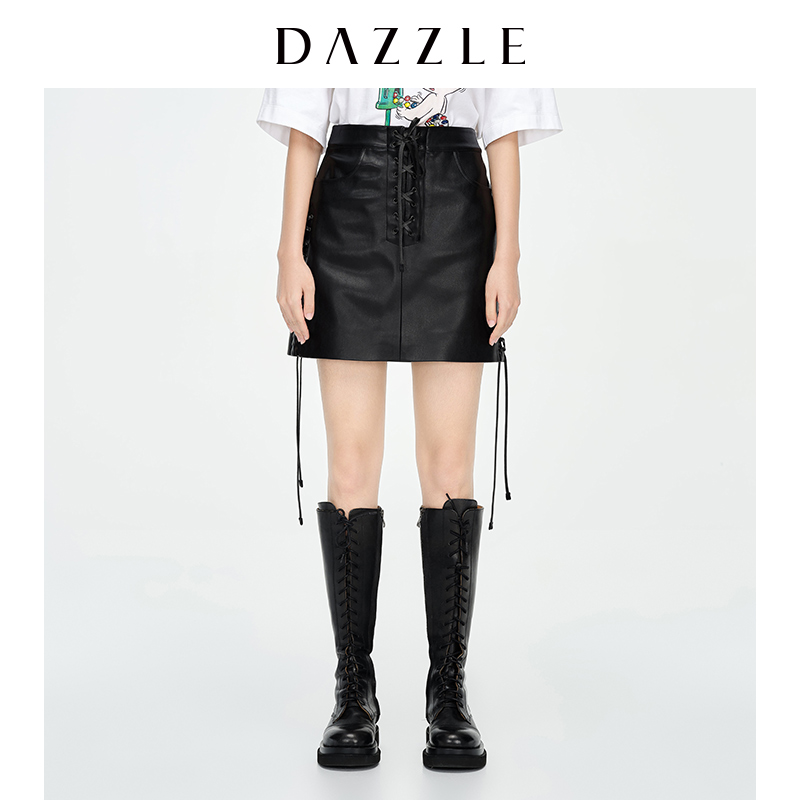 DAZZLE地素时尚潮流短裙黑色A字系带半身裙短裙2D1S230