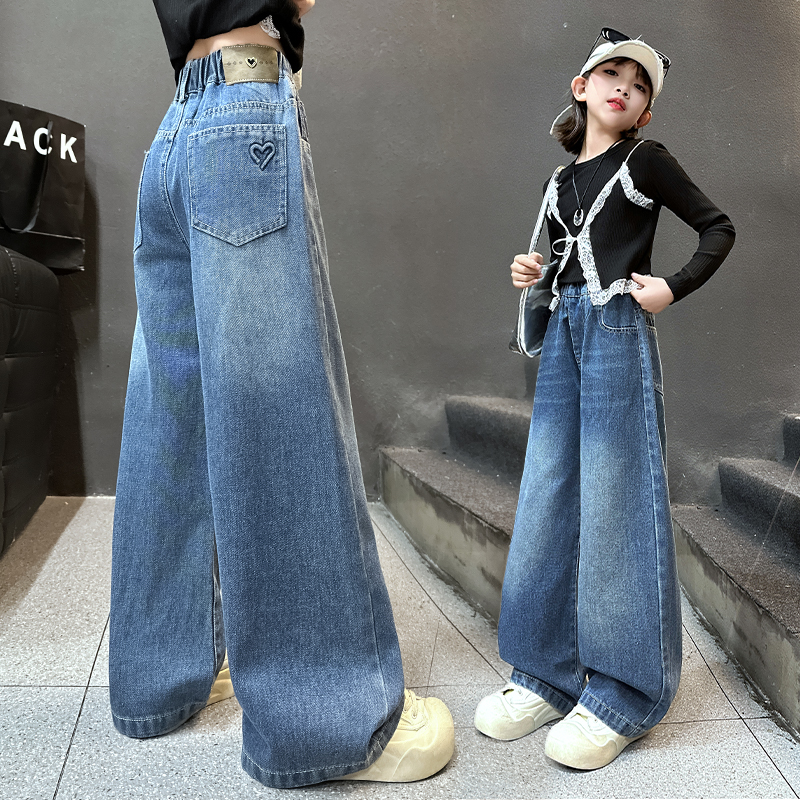 女童牛仔裤春秋款2025新款儿童秋装阔腿裤中大童秋季休闲长裤