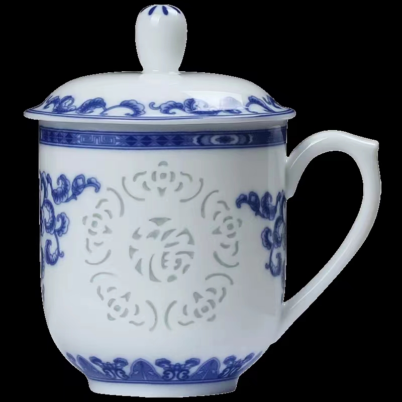 景德镇青花玲珑茶杯陶瓷家用办公室泡花茶水杯会议办公杯送礼定制