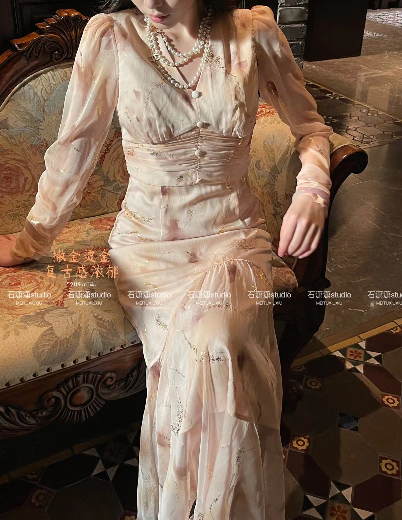 【石潇潇专属】法式碎花裙雪纺小裙子穿搭礼服长袖长裙连衣裙女春