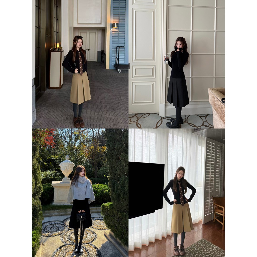 薛千千Meyes「赫拉小姐」秋冬A字百褶中低腰半身裙裙子高智五分中裙