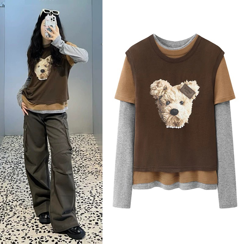 2025秋冬装新款休闲百搭时尚叠穿卡通印花小标打底内搭长袖T恤女