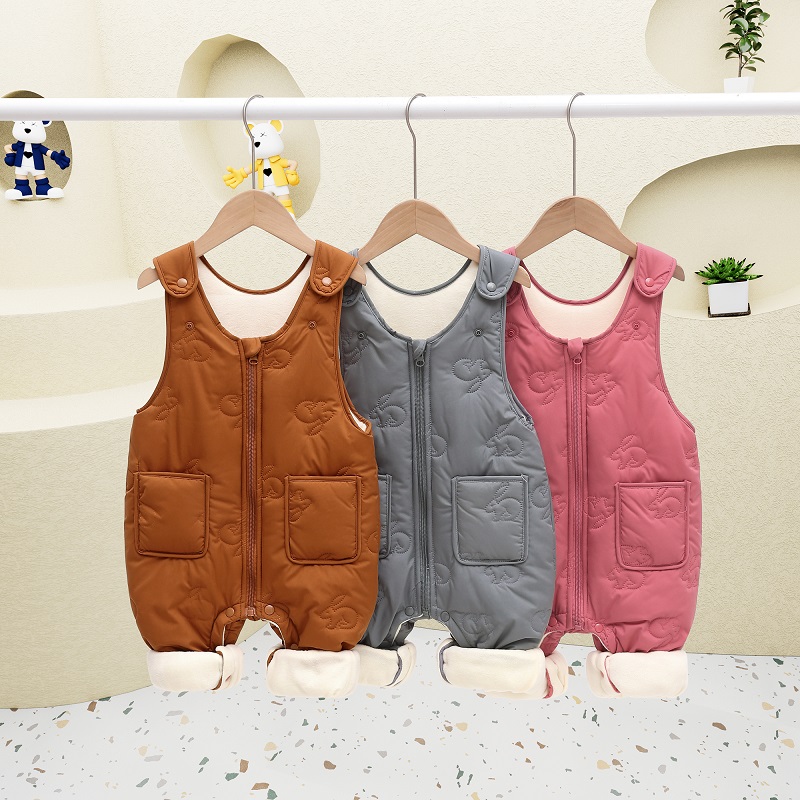 秋冬季新生婴幼儿加绒加厚加棉背带裤男女童纽扣开档裤子兔子压花