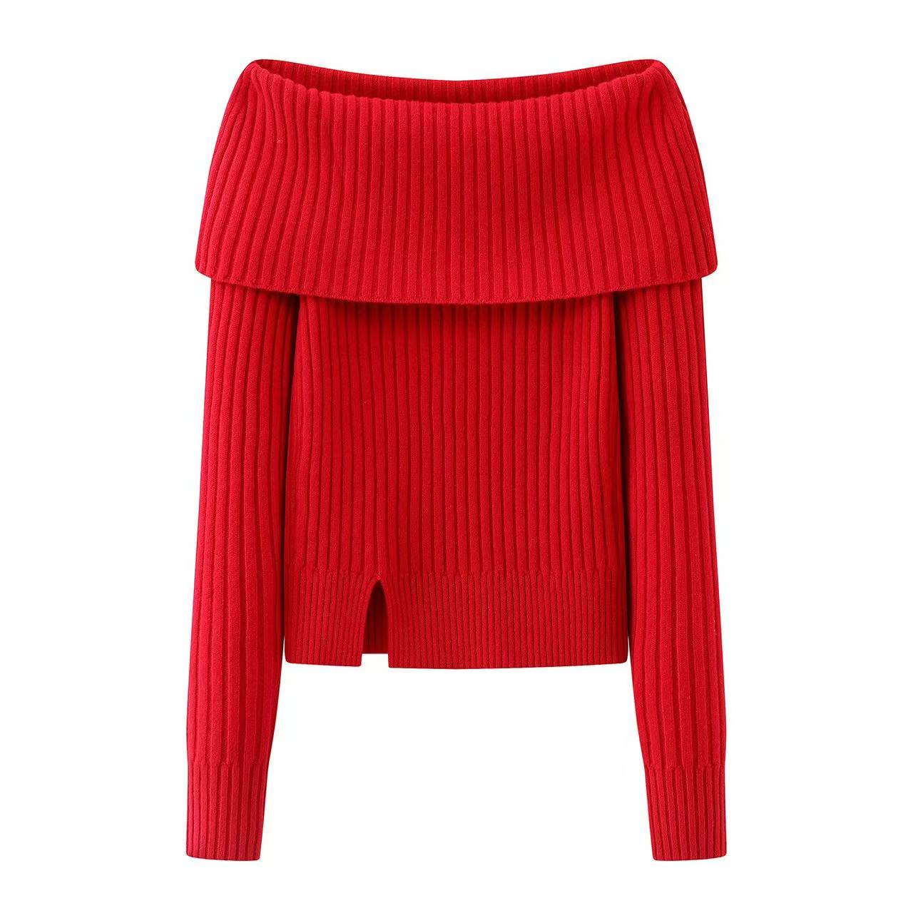 艾家2026春季新款圣诞新年红显瘦一字肩针织衫女4159