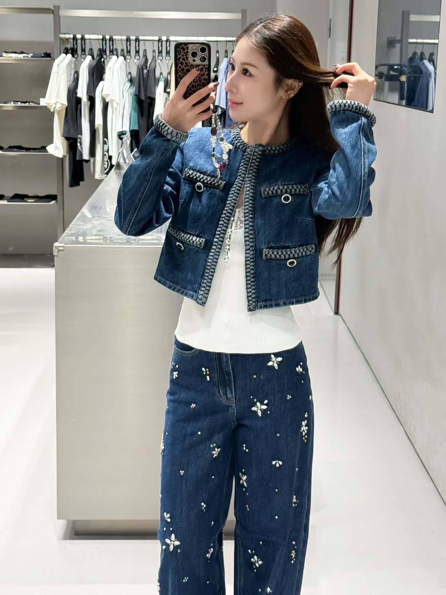 赵丽颖同款气质小香风编织蓝色牛仔裤