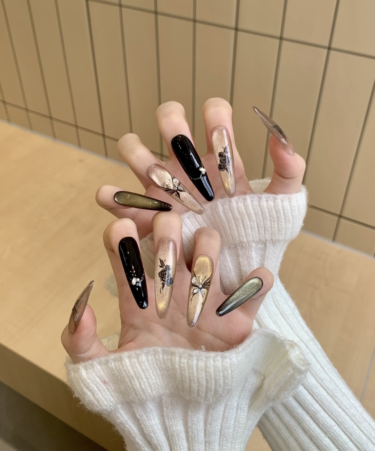 【花墨染】纯手工穿戴甲国风墨竹新中式爆闪黑金猫眼蝴蝶贴钻复古