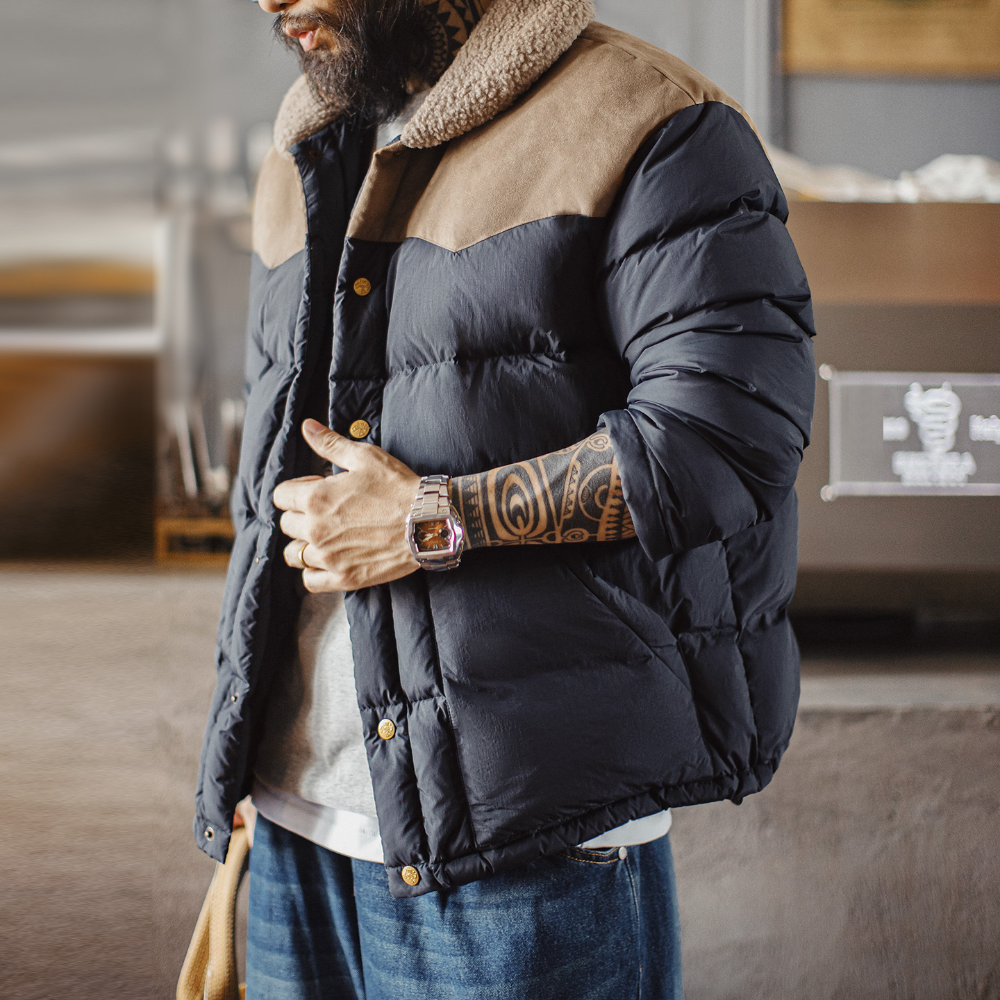 美式复古撞色绒领90白鸭绒羽绒服翻领保暖夹克外套男秋冬