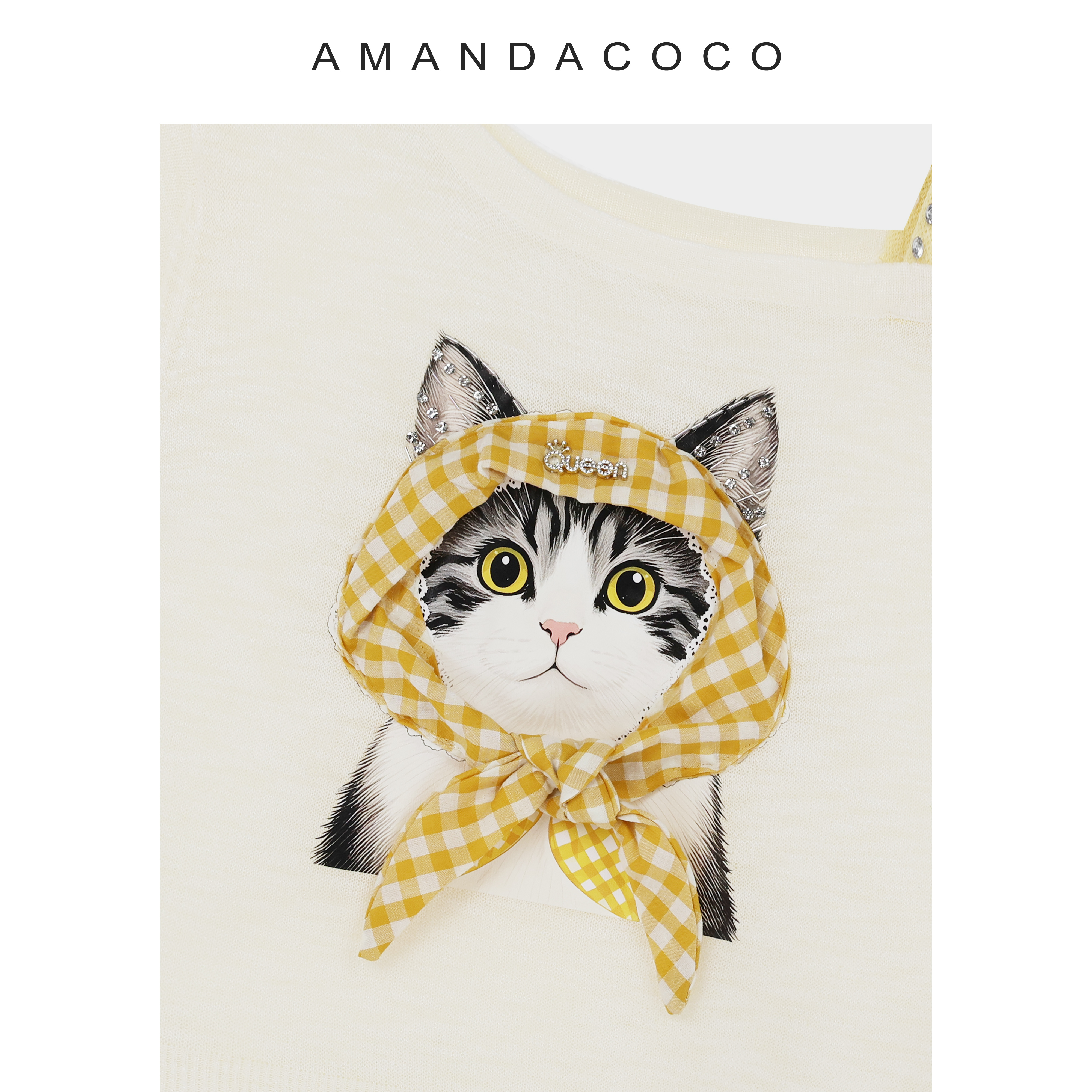 NANA# 萌猫物语～薄款钉钻猫咪印花休闲露肩短袖针织衫