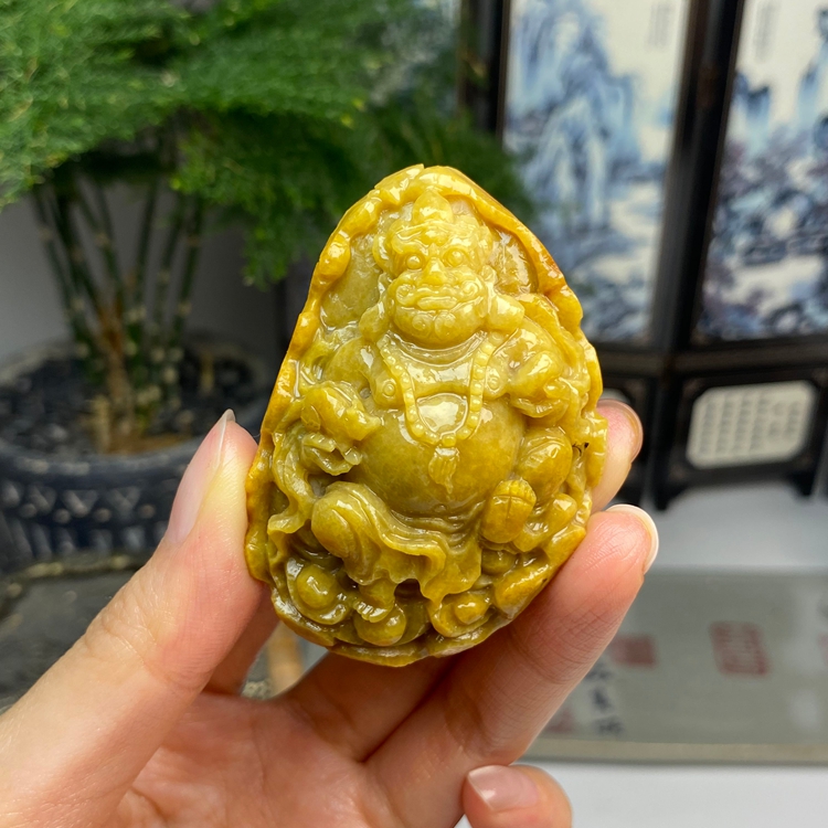 毛货 鸡油黄翡带皮壳黄财神挂件手把摆件 天然翡翠A货  