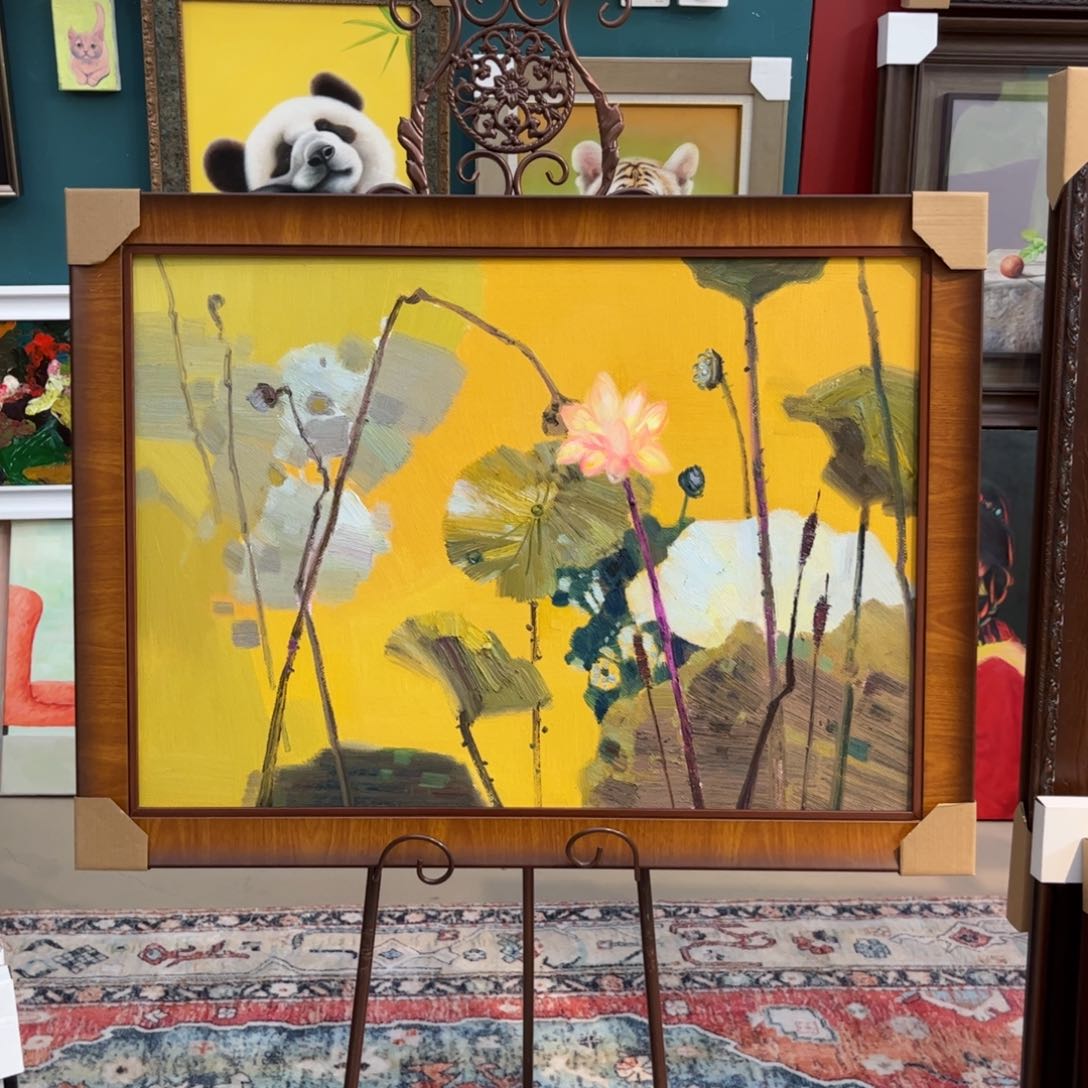 油画荷花手绘油画带实木框60×80