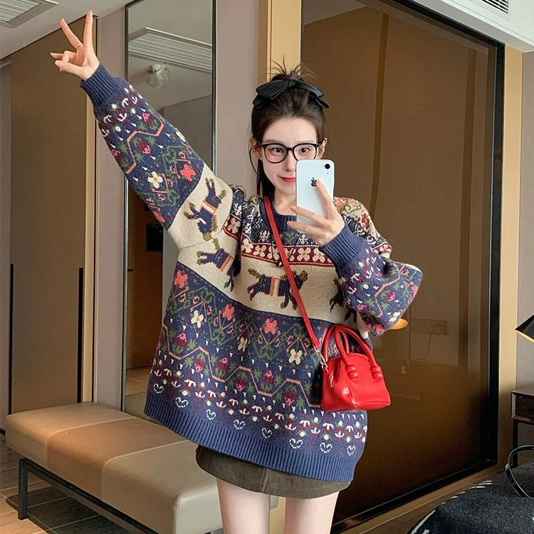 孕妇毛衣新款复古风宽松减龄针织孕妇毛衣秋季加厚保暖孕妇打底衫