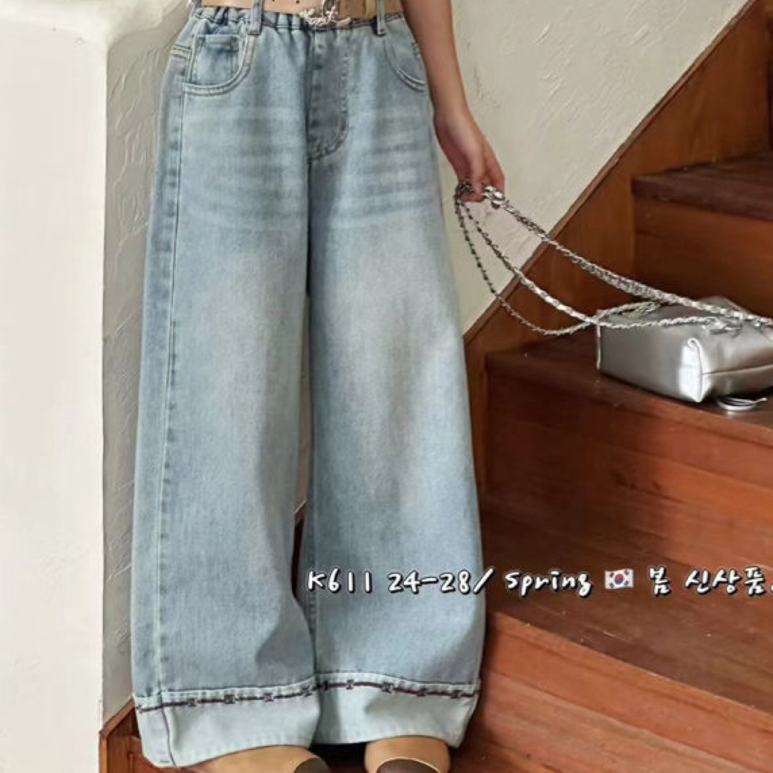 直筒牛仔裤女长裤蓝色裤子秋季水洗时尚中腰