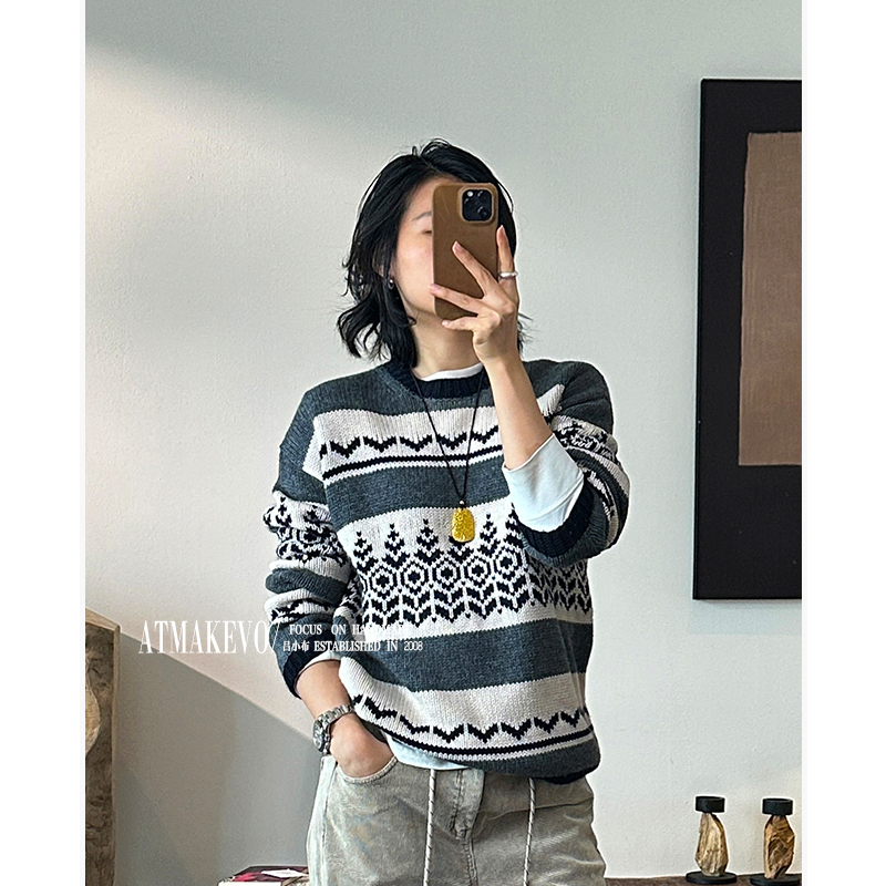 吕小布 | 羊毛提花重磅毛衣 高品质费尔岛慵懒风落肩垂感上衣0892