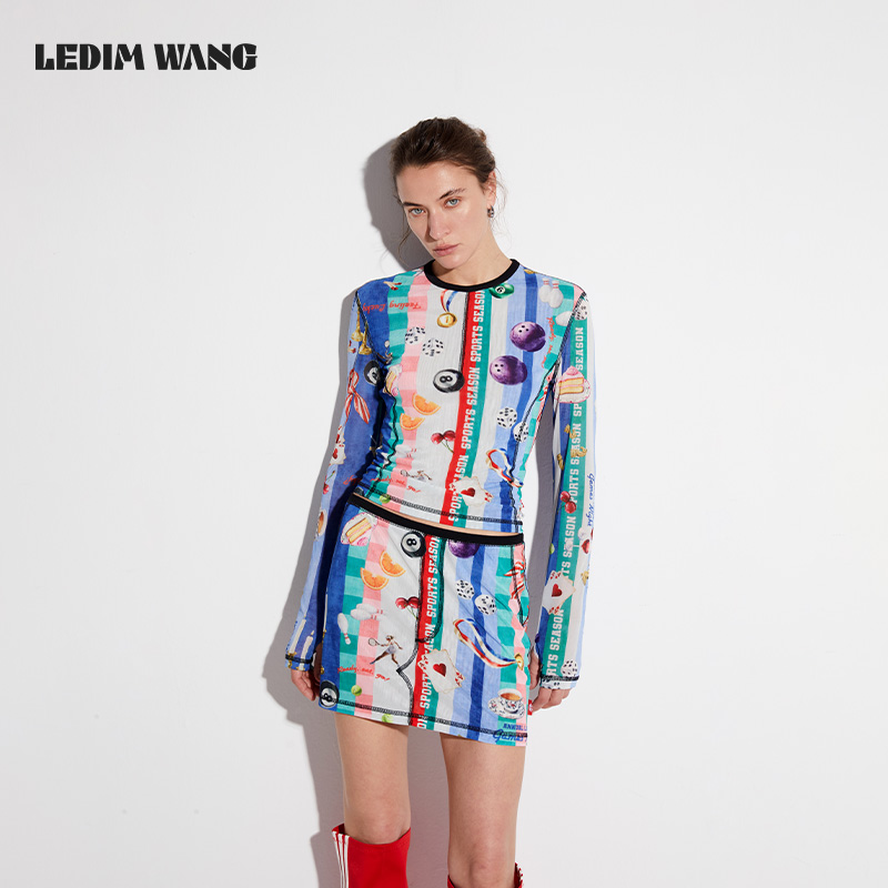 ledim wang【白标系列】印花长袖T恤女夏2025新款透气网眼上衣