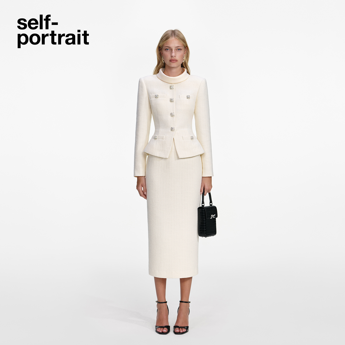 self-portrait 2026早春新款象牙白长袖粗花呢假两件连衣裙