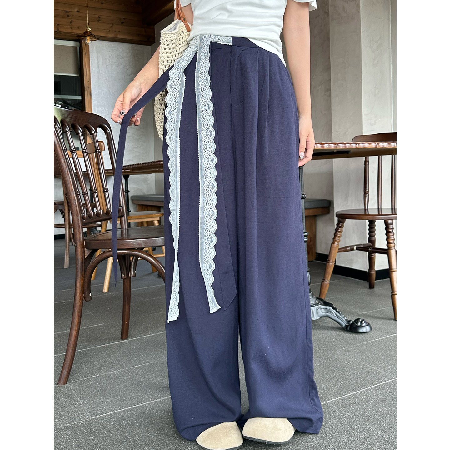 【亚麻】夏季设计感拼接蕾丝飘带阔腿裤女显瘦高腰垂感拖地直筒裤