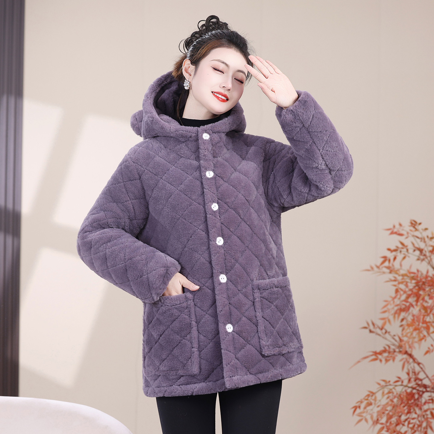 加绒加厚女短款连帽子保暖棉服洋气女棉衣上衣冬装棉袄中年妈妈装