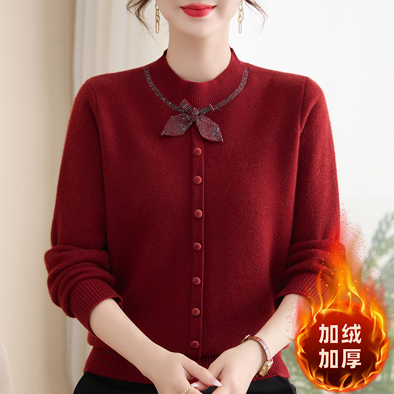 洋气妈妈装新款加绒保暖内搭针织衫中老年女高贵毛衣红色打底上衣
