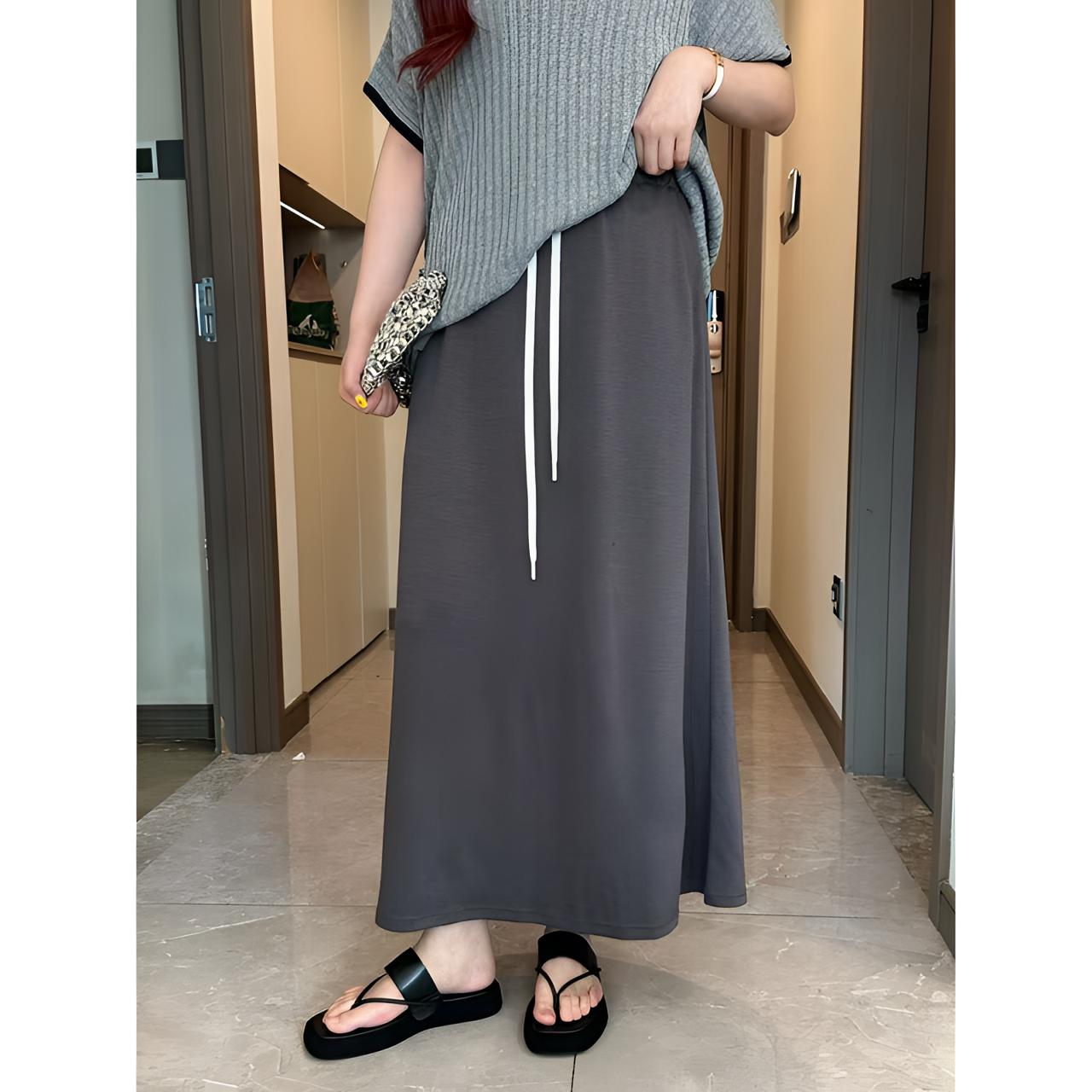 Xiaix【灰色天空】显瘦百搭高腰纯色复古抽绳鱼尾裙BQ250531