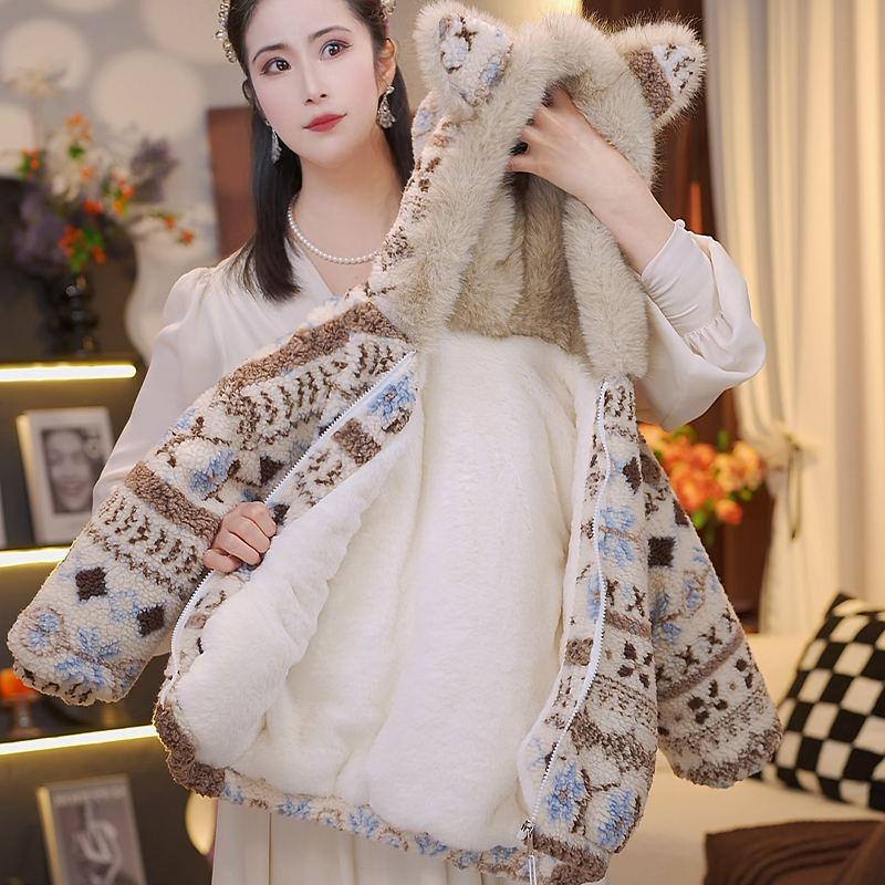 【YC】男女童冬季复古费尔岛连帽外套韩系时尚加绒保暖毛毛衣HCE273