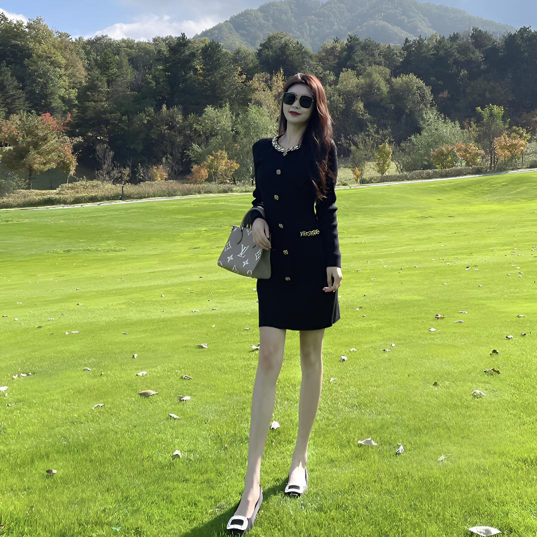 黑色轻奢镶钻针织长袖连衣裙裙子设计感小众秋冬厚款显瘦气质修身