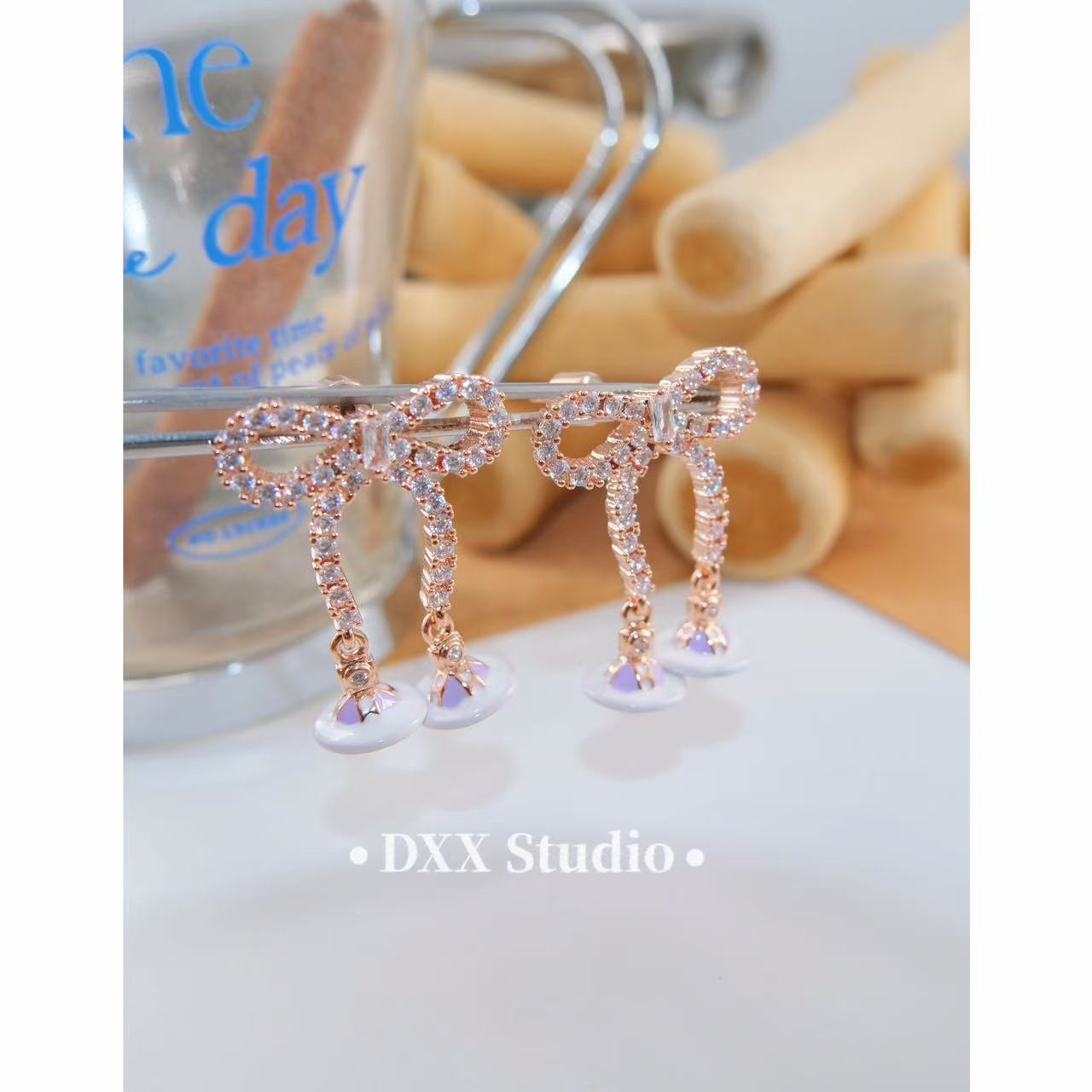 铜合金锆石耳饰 小众设计玫金色系蝴蝶结耳饰45607